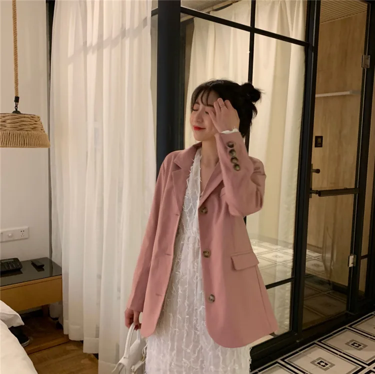 

Hui cai <4160> 2019 Spring Clothing New Style Casual Loose-Fit Small Suit Coat WOMEN'S Dress Pocket Mid-length Cardigan