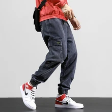 Japanese Style Fashion Men Jeans High Quality Loose Fit Big Pocket Cargo Pants Harem Jeans Men Streetwear Hip Hop Jogger Jeans