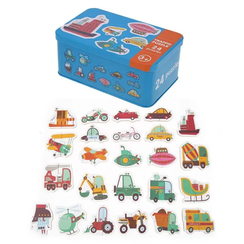 1set Baby Kids Cognition Puzzles Toys Wooden Cartoon Cognition Puzzles Toys Baby Iron Box Cards Matching Education Game