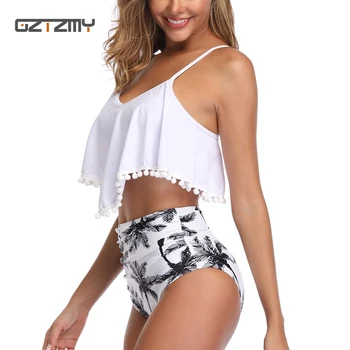 

Conservative Bikini 2020 New Solid Color Swimwear Women High Waist Ruffled Swimsuit Backless Summer Beach Bathing Suit Women