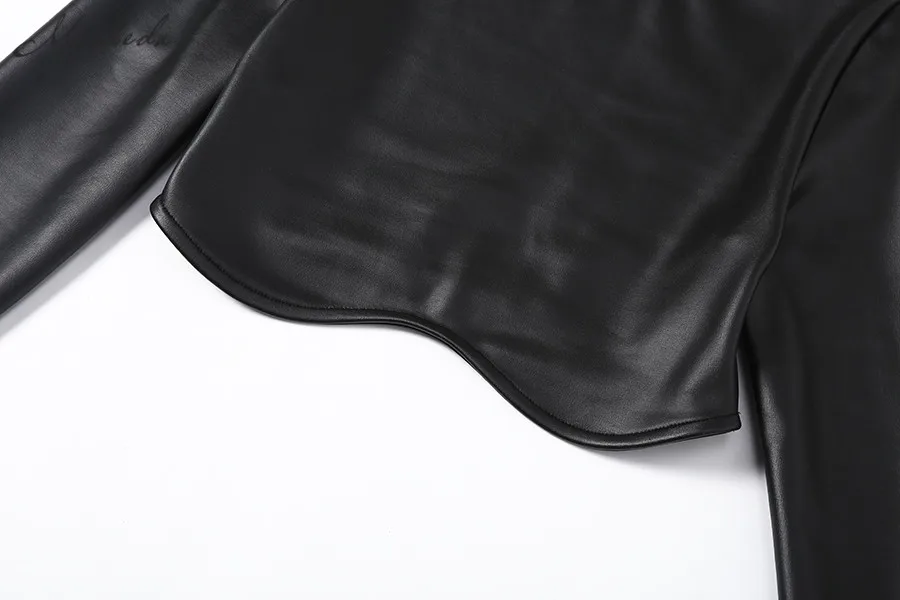 Nibber Досуг Ретро черный кожаный кроп Топы женские Панк круглый вырез эластичный короткий топ осень Мода Чистый облегающая футболка Mujer