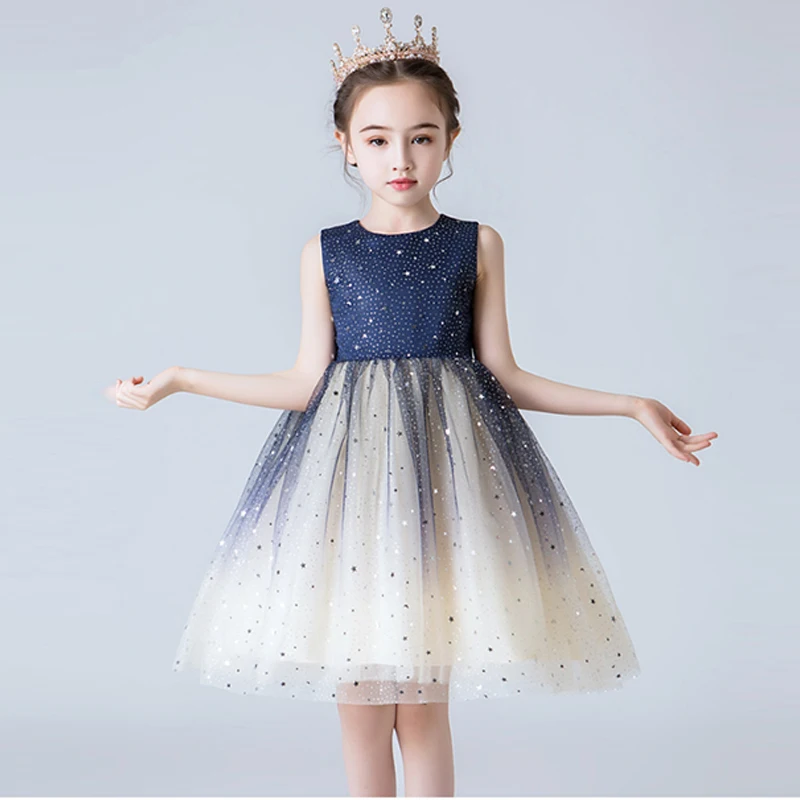 Рождественское платье для девочек с блестками для детей с изображением звездочек, Платья для девочек, одежда на свадьбу, элегантное платье принцессы, 3, 5, 8 лет Праздничная одежда - Цвет: Navy Blue