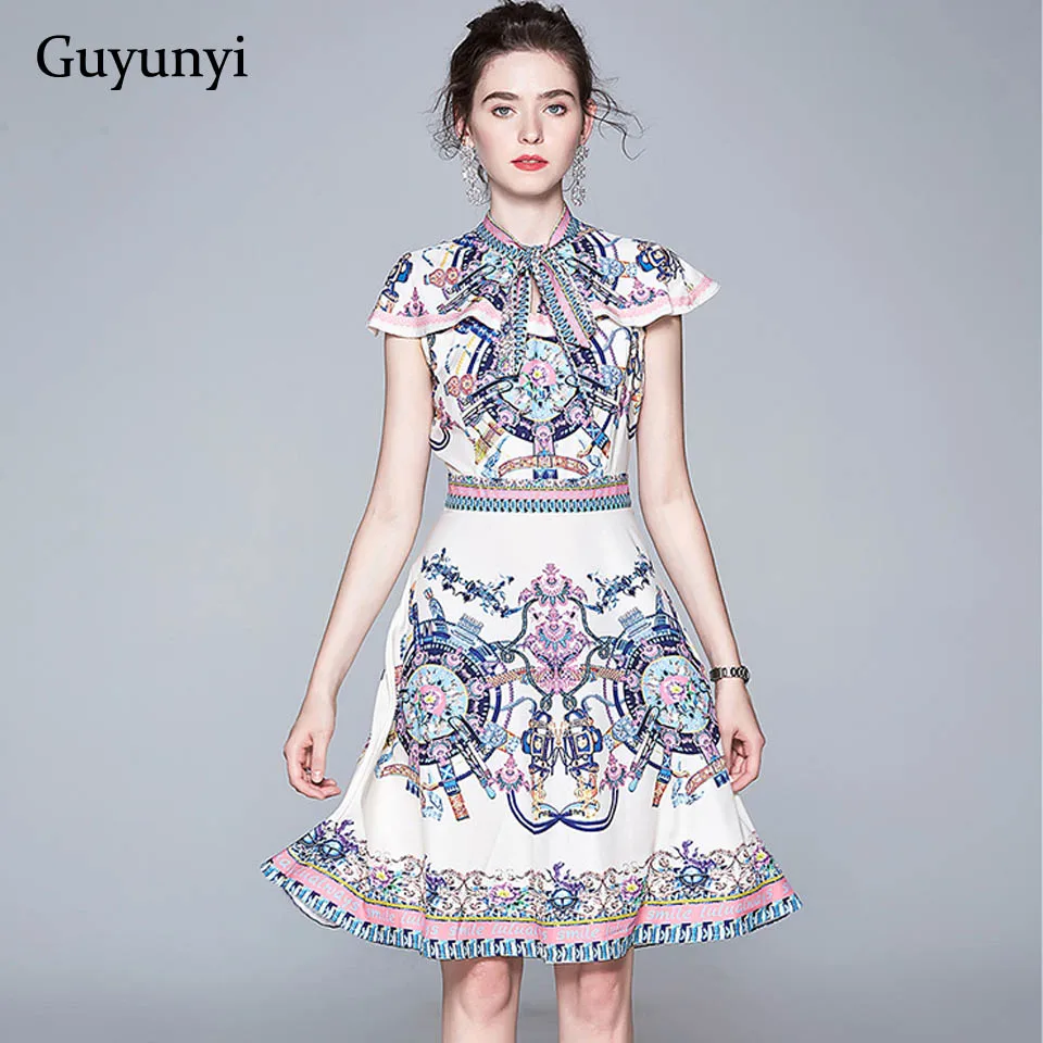 

Europe Vintage Dress 2019 Summer Fashion Geometric Pattern Sleeveless Decorative Bow Collar Elegant Party Dress Women