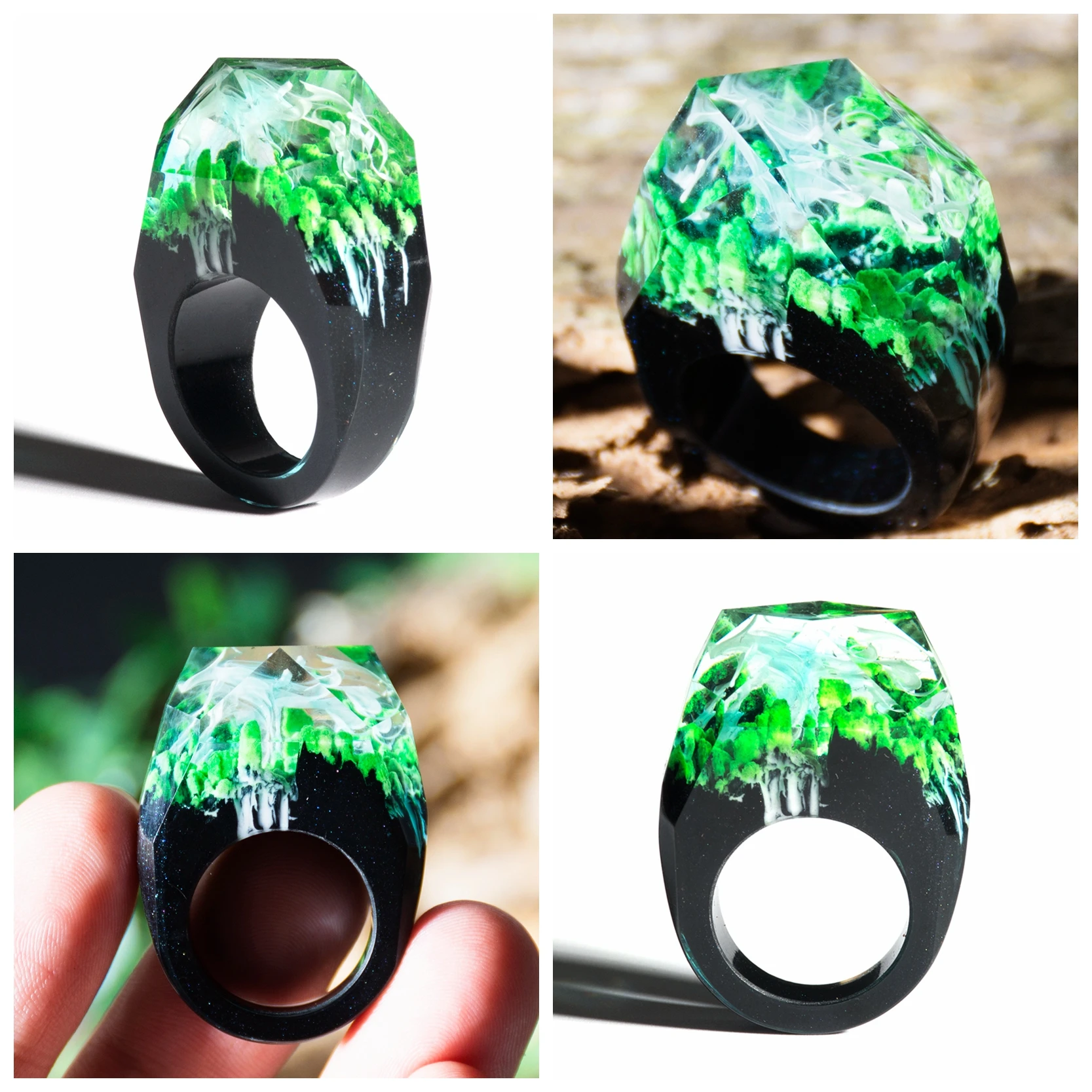Эпоксидная смола волшебные деревянные кольца для женщин кольцо с лесом природный пейзаж дерево прямоугольник Кольца подарки светящиеся под УФ или фонарик - Цвет основного камня: X