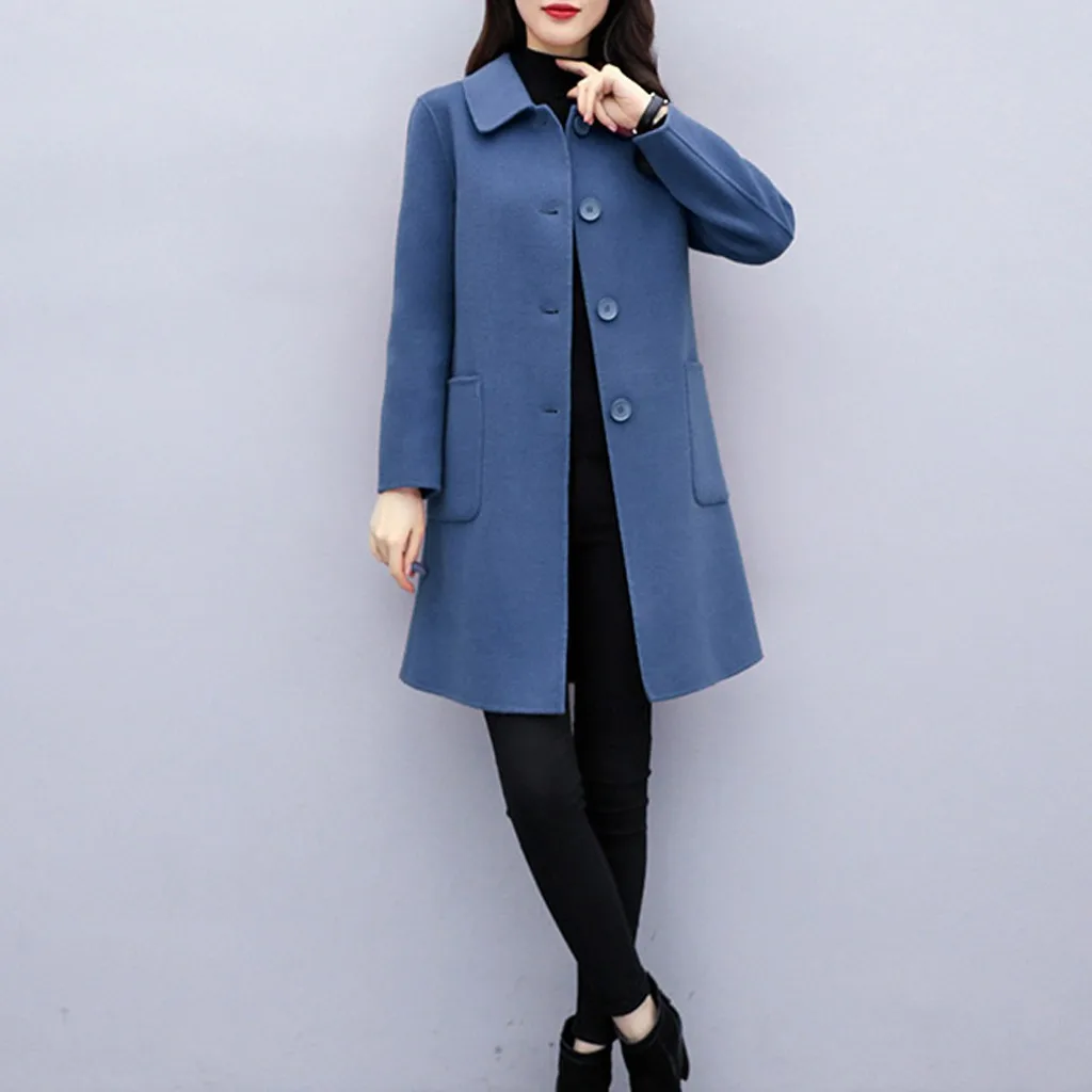 Blue Womail, зимняя женская куртка,, модный кардиган, Одноцветный, на пуговицах, с длинным рукавом, верхняя одежда, женская, повседневная, офисная, с карманами, Свободное пальто - Цвет: Blue