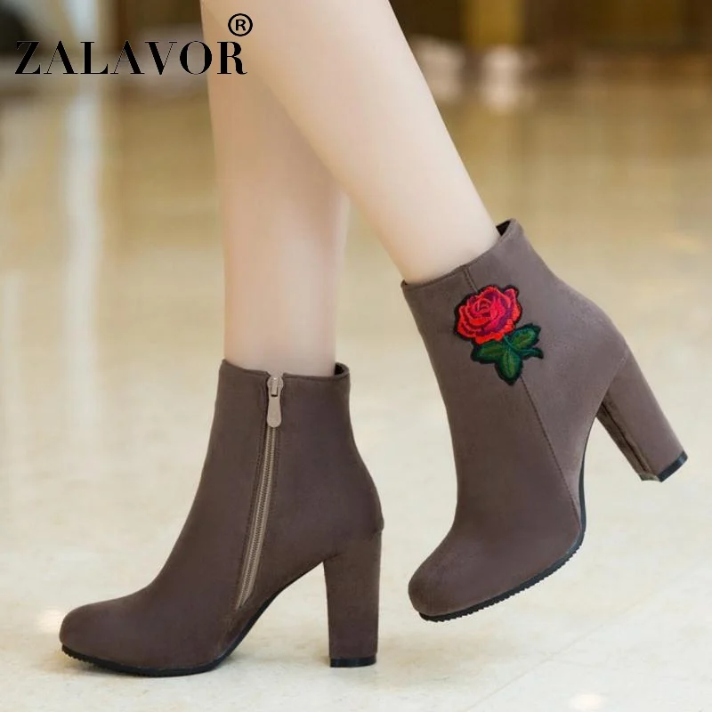 

ZALAVOR Size 31-47 4 Colors Women Ankel High Heel Boots Flower Zipper Short Boots With Warm Fur In Winter Boot Women Footwear