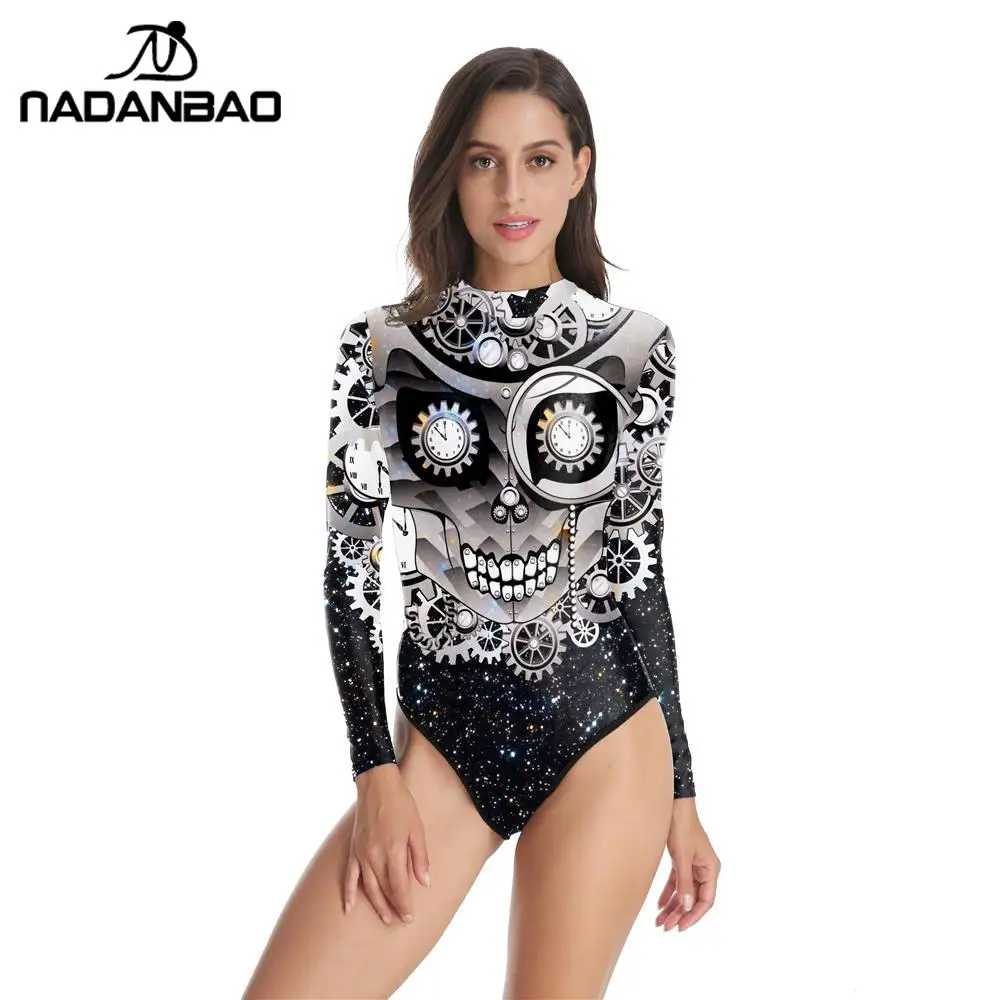 

NADANBAO 2020 Long Sleeve Swimwear Swimming Suit Digital Printing Skeleton Swimsuit One Piece For Women