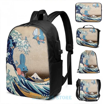 

Funny Graphic print Mudkip Wave USB Charge Backpack men School bags Women bag Travel laptop bag