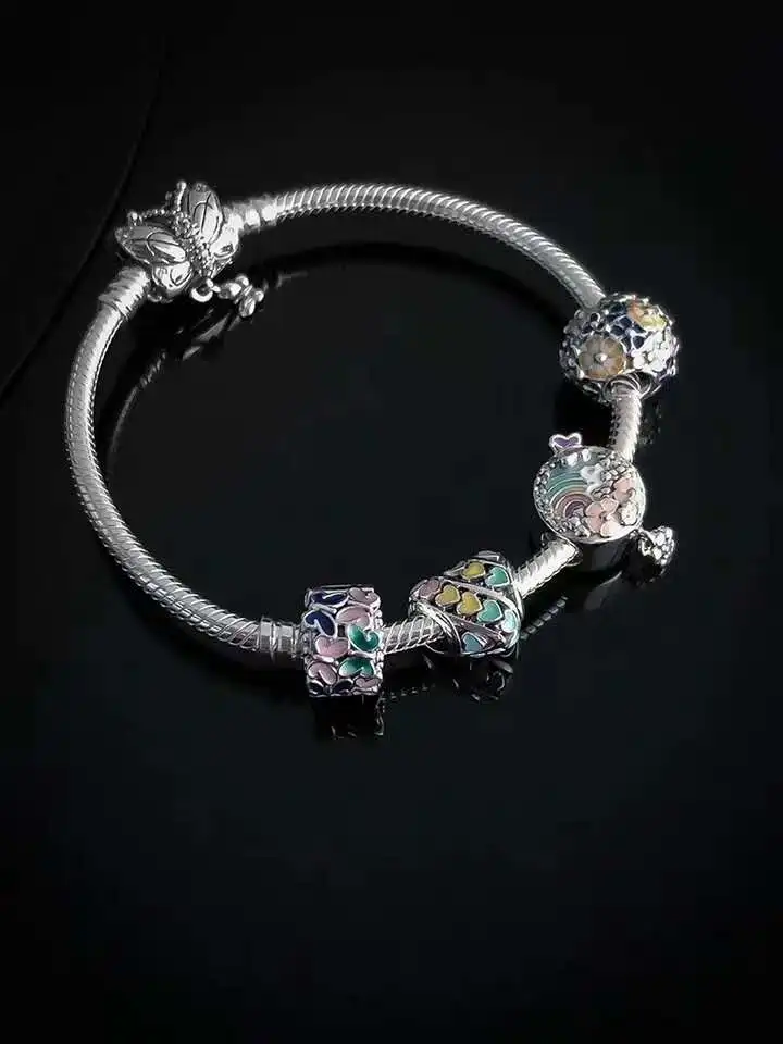 

Kaliyah Shop High Quality 1:1 100% 925 Pure Silver Rainbow Color Heart To Heart Printing Butterfly Pattern Bracelet Gift First C