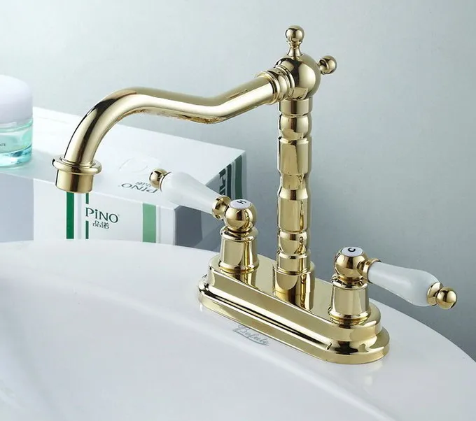 

Polished Brass Deck Mounted Dual Porcelain Handles Bathroom Vessel Sink Basin Faucet Mixer Taps anf262