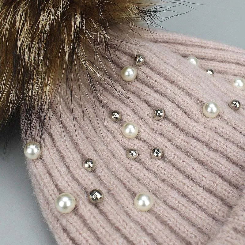 Pom Pom Beanie Hat Women Warm Knitted Bobble Real Fur Pompom Hat Pearl Beanies Children Real Raccoon Fur Pompon Sequins Winter