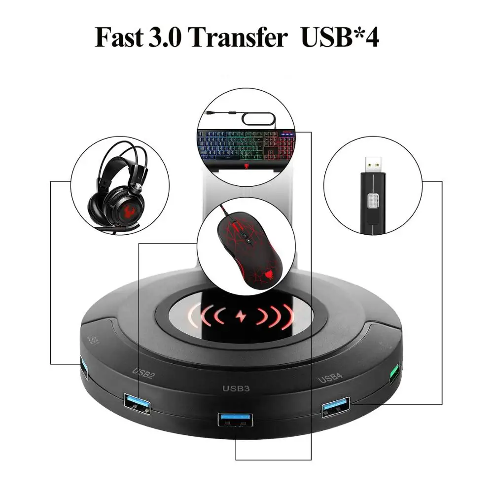 befon RGB Headphones Stand with 4 USB Ports Support Wireless Charging Headphone Holder for Gamers Gaming PC Accessories Desk