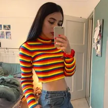 Осенне-зимняя трикотажная короткая рубашка для йоги Harajuku, пуловер, темно-свободные женские повседневные пальто с завышенной талией rainbow A9