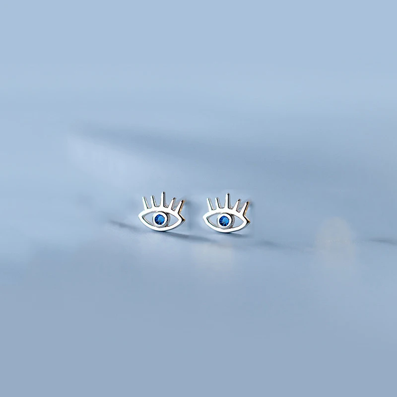 WANTME 925 Sterling Silver Simple Punk Blue Zircon Demon Eye Stud Earrings for Women Bohemian Unique Charm Devil Jewelry Gift