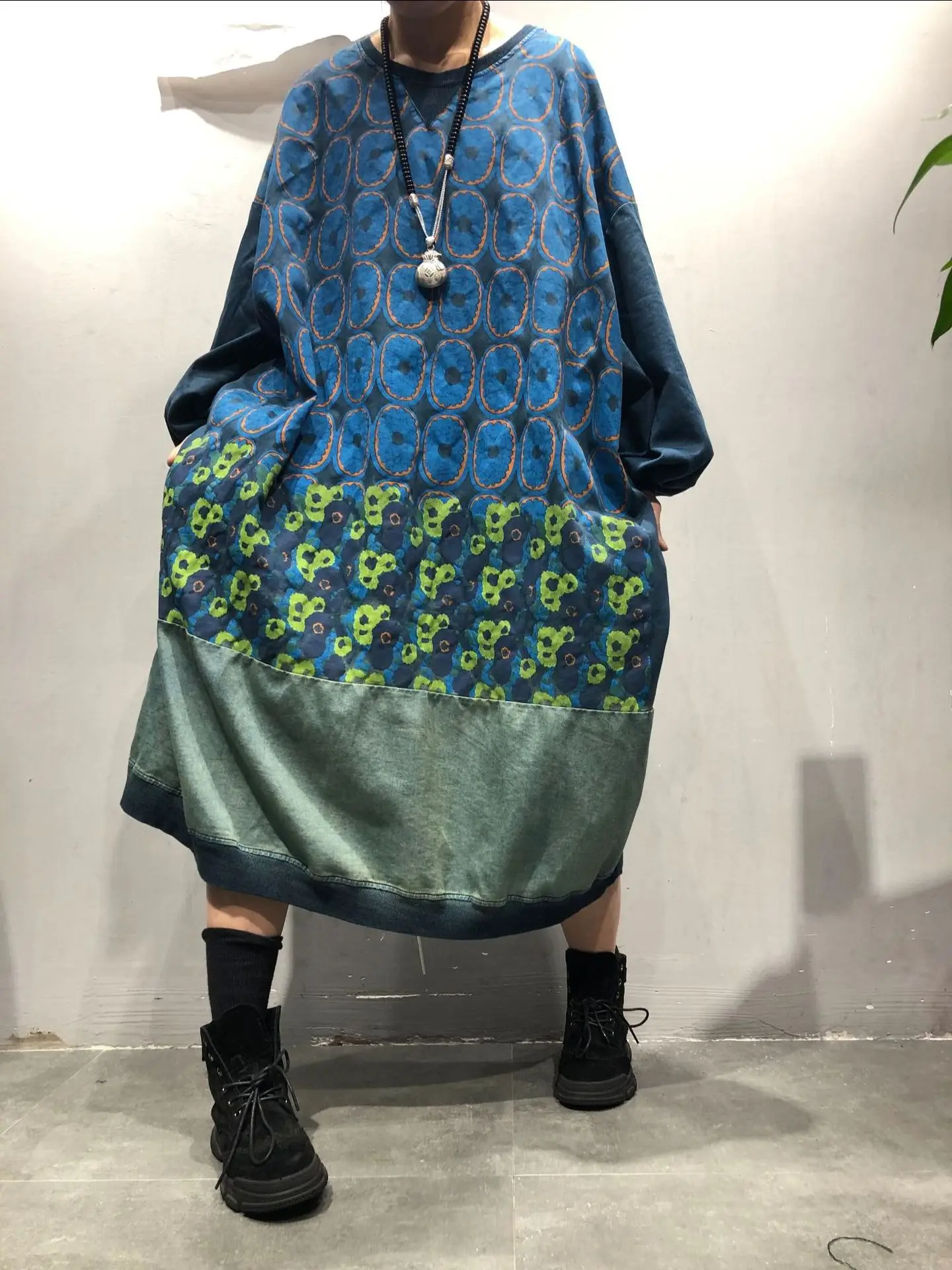 

March Spring And Autumn Ethnic-Style Hoodie Women's Loose And Plus-sized Vintage Printed Retro Mid-length Dress