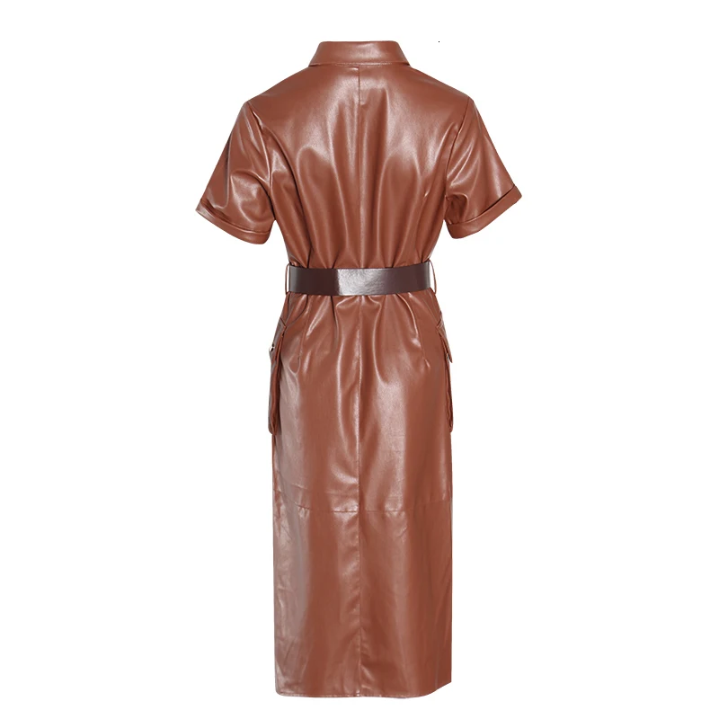 CHICEVER PU Leather Dress For Women Lapel Collar Short Sleeve High Waist Sashes Female Dresses Autumn Fashion New Clothes