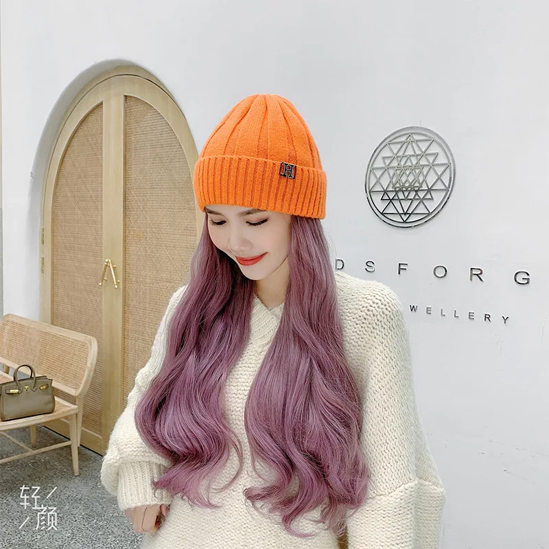Парик вязаная шапка зимние шапки для женщин Skullies Beanies с длинной волной 55 см парик/волосы все-в-одном женская теплая шапка F36704AD