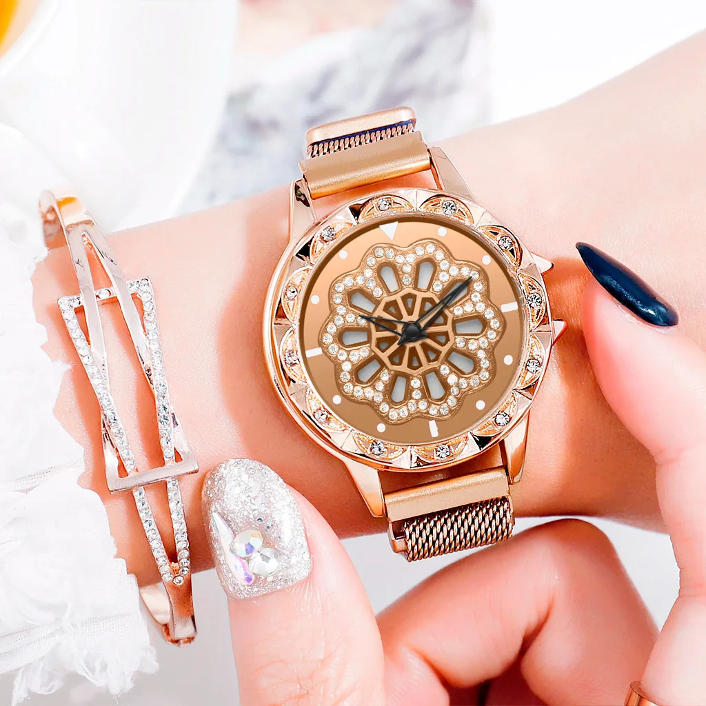 Женские часы с вращающимся на 360 градусов модным бриллиантовым циферблатом для работы Дамские Кварцевые наручные часы с ремешком-сеткой наручные часы Relogio Feminino