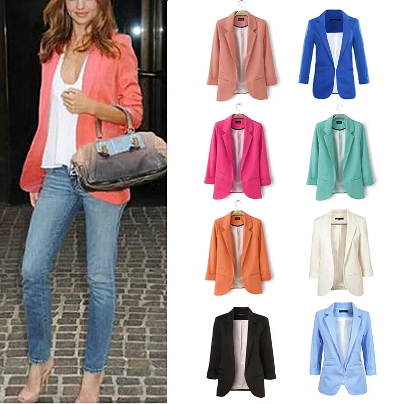 

Women Candy Color Slim Fit Blazer Stylish 3/4 Sleeves Suit Jacket Blazers Coat Tops EIG88