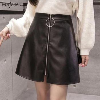 

Skirts Women Plus Size 2XL PU High Waist Black Office Lady Elegant Mini Skirt Womens Korean Style All-match Simple Harajuku Chic