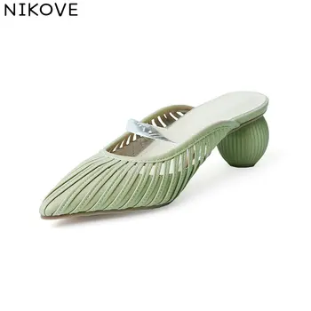 

NIKOVE 2020 Pointed Toe PU+Leather Summer Sandals Women Shoes Platform Square Med Heel Elegant Slip On Casual Shoes Size 34-39