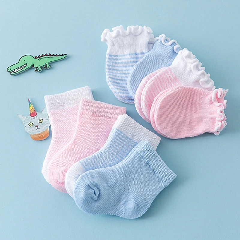 4Pair/Set Solid Color Baby Socks Gloves Set Cute Strip Elastic Infant Toddler Socks Soft Cotton Newborn Girl Boy Ruffle Mitten