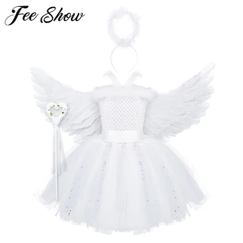 

White Sparkle Girl Feather Angel Birthday Party Tutu Dress Kids Christmas Angel Party Cosplay Costume with Wings and Fairy Wands