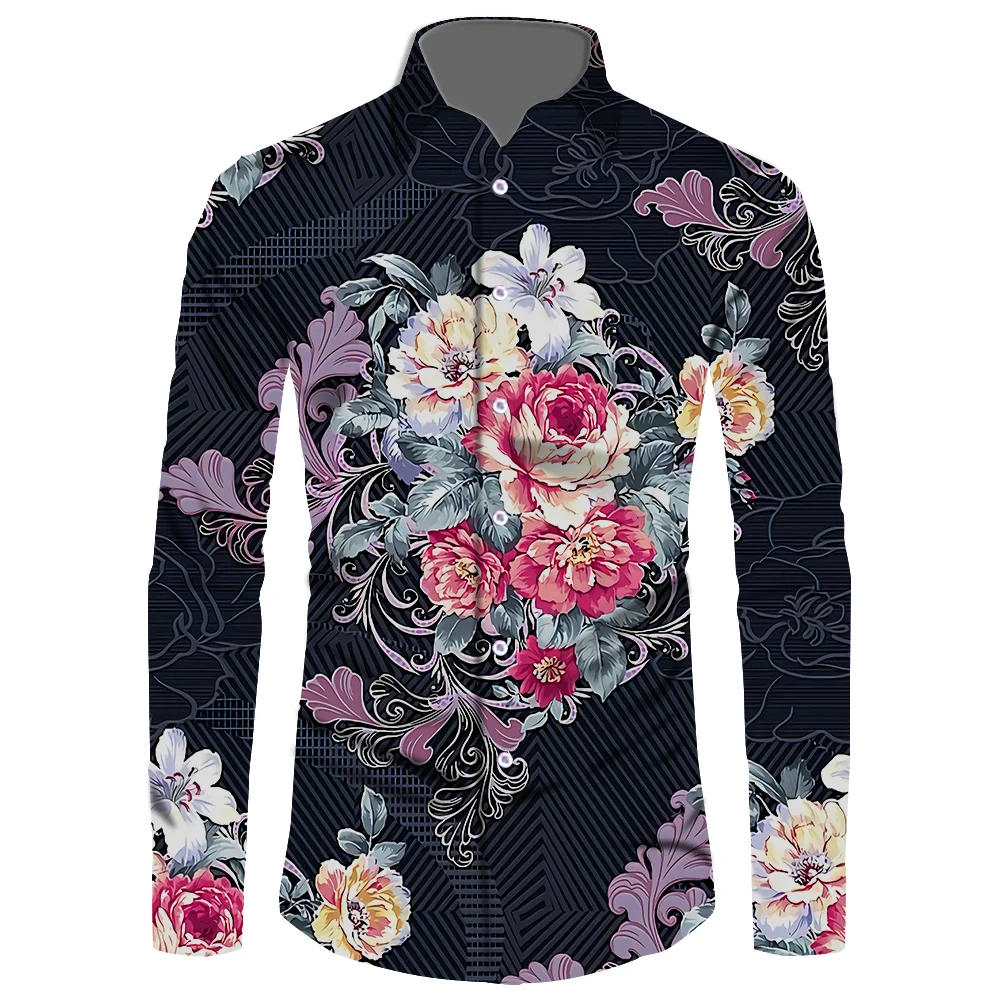

Spring New Tropical Style Hawaiian Beach Shirt Stand Collar Strip Print Cool Office Shirt Custom Young Men Business Casual Dress