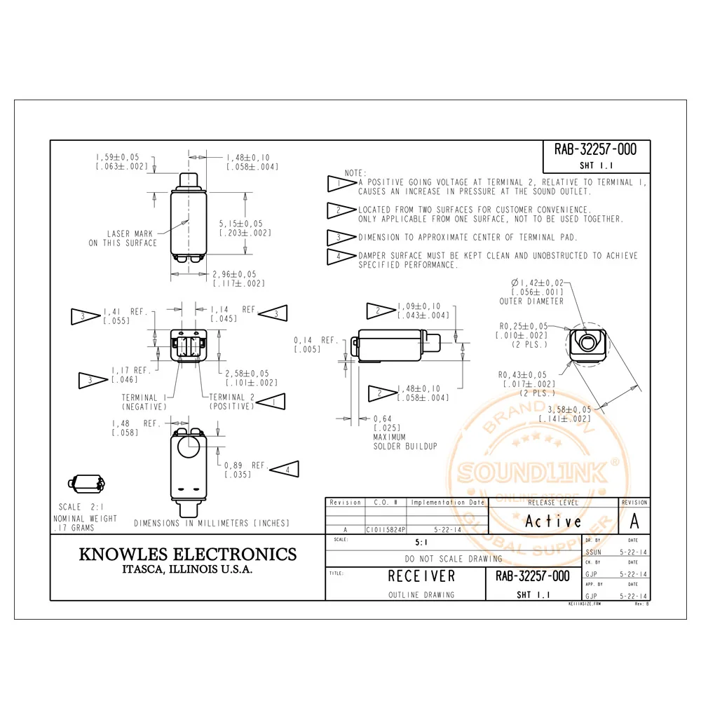 1pc RAB-32257-000 Knowles BA ドライバー IEM バランスドアーマチュア