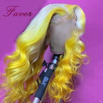 

150% 13x4 Yellow Lace Front Human Hair Wigs Pre Plucked Brazilian Remy Blonde Blue Yellow Ombre Colored Human Hair Wigs