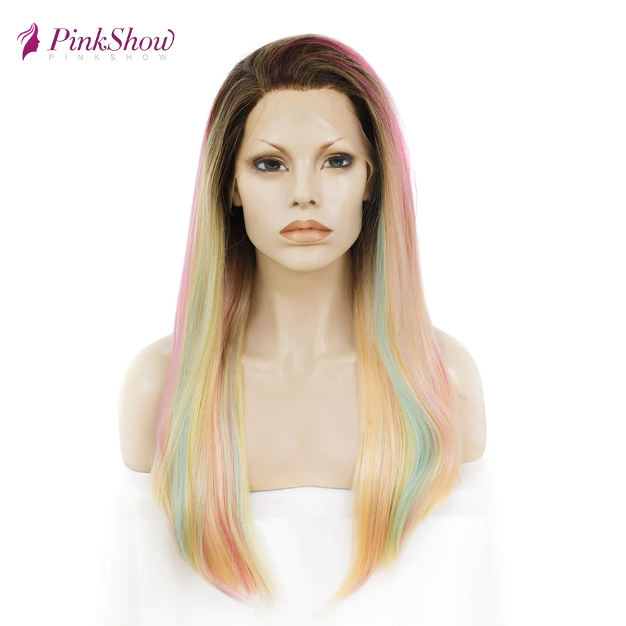 Pinkshow Радужный Розовый желтый парик прямой синтетический на кружеве термостойкие