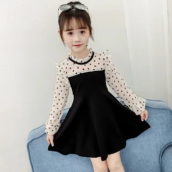 

Princess Girls Black Dress Lace Puff Long Sleeve Cute Dress Spring Autumn Casual School Pleated Frocks Kids 3-10years Vestidos
