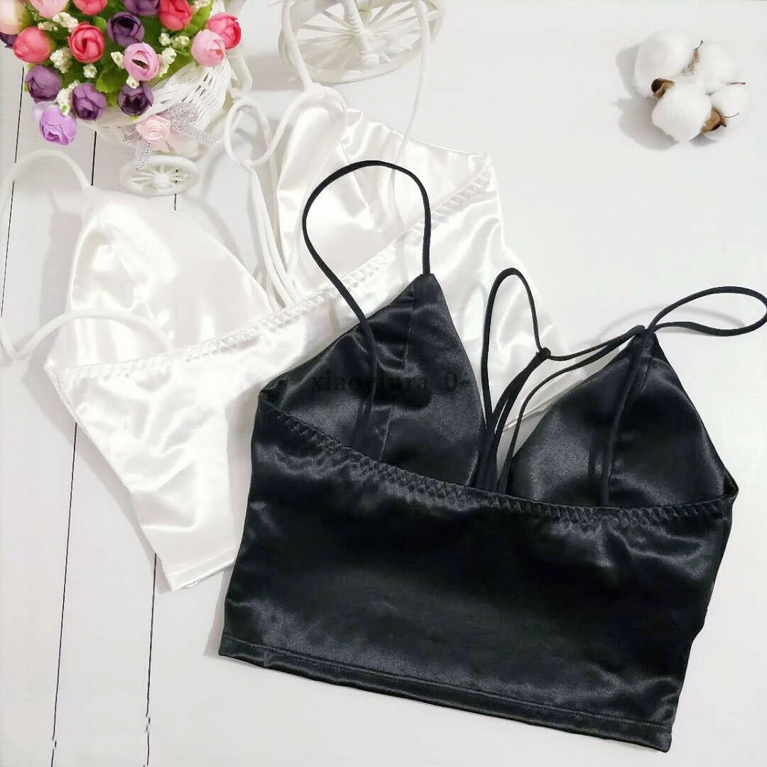 

2019 Summer Satin Crop Tops Women Bralette Bustier Bra Vest Shirt V Neck Ladies Tops Black White Shirts Female Camisole