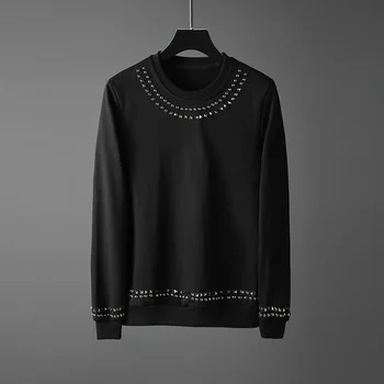

2019 Autumn Mens Hoodies Rivet Black Sweatshirts Full Sleeve Pullover Casual Fleece Streetwear Hoodie for Men Ropa Para Hombre