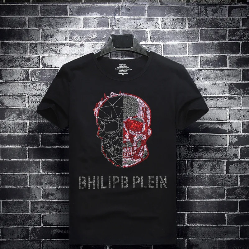 

2019 Skull Rhinestones Men T Shirts Fashion Streetwear O Neck Short Sleeve Modal Cotton Tshirts Calaveras Camiseta Plus Size 7XL