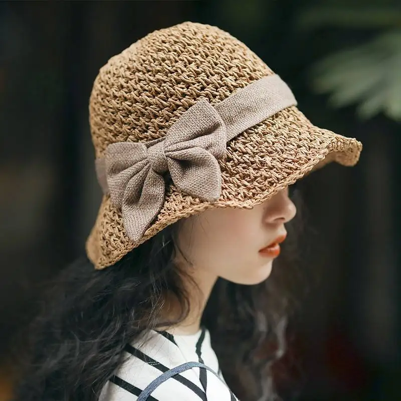 

Summer small fresh sunshade straw hat small edge fisherman hat simple bow Japanese wild sun hat