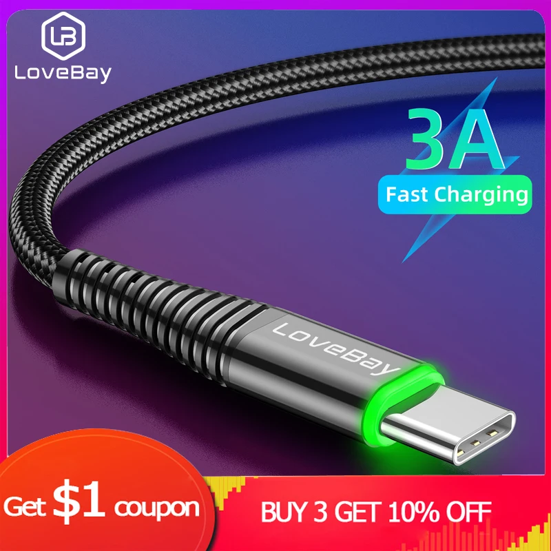 Lovebay type C 3A светодиодный светильник usb type C кабель USB быстрая зарядка QC 4,0 зарядное устройство type-c светильник ing кабель для мобильного телефона USB кабель