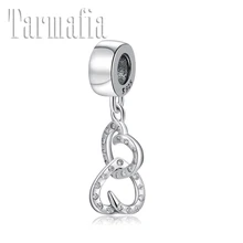 925 пробы Серебряный сверкающий CZ Любовь Двойное сердце прекрасный кулон бусины подходят Pandora браслет ювелирных изделий