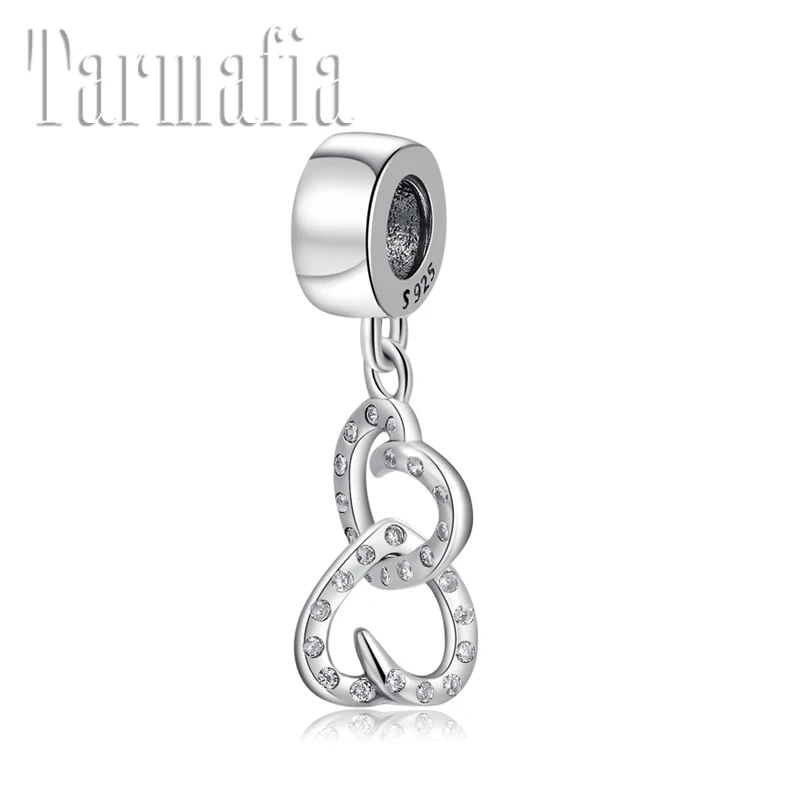 Новинка серебро 925 пробы сверкающий CZ любовь Двойное сердце изящный кулон бусины