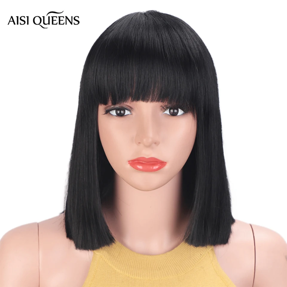 Aisi Queens синтетический парик с челкой короткий прямой черный боб парик для Черный Белый для женщин блонд коричневые волосы высокотемпературное волокно