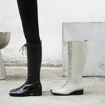 

Genuine Leather women's boots rivet lace slim middle heel women's boots