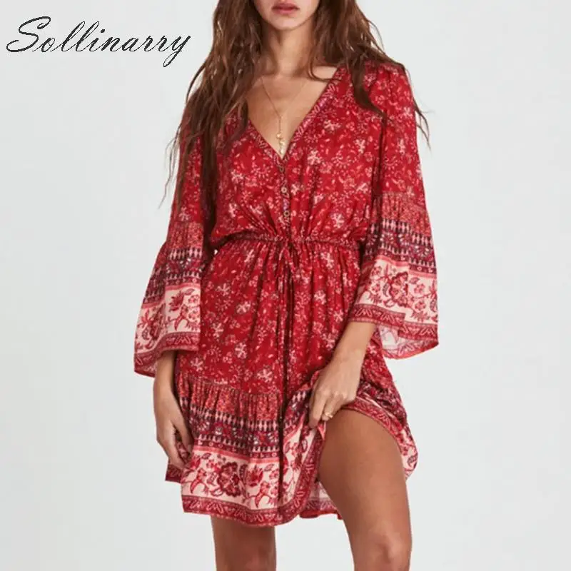 Sollinarr Boho Цветочные женские летние платья, праздничное повседневное короткое платье на завязках, женское модное платье с высокой талией и v-образным вырезом, Vestido