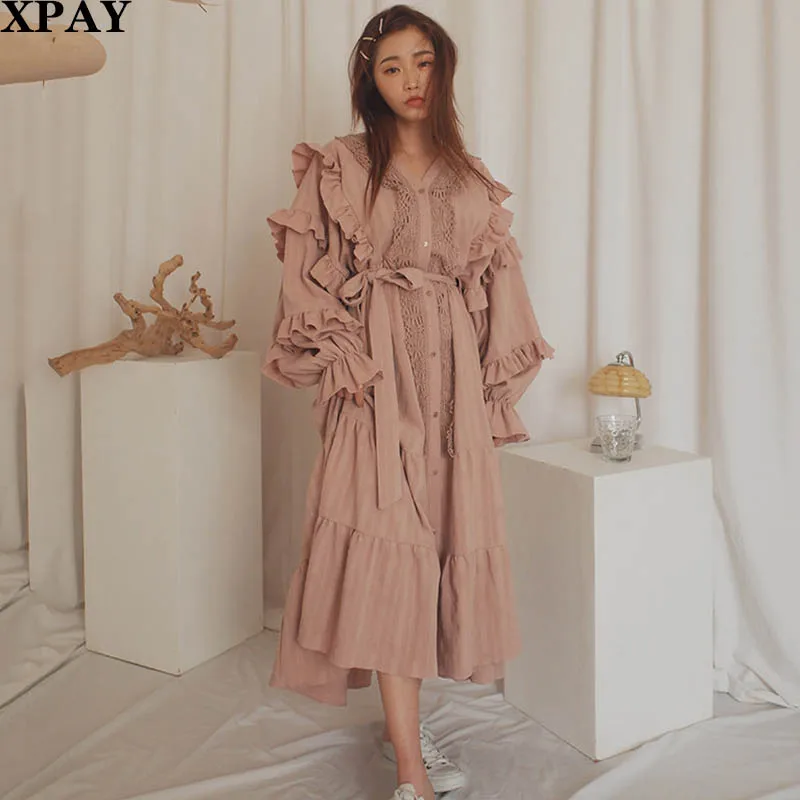 

2020 Spring Summer Fashion Lace Patchwork Women Dress Vintage Chic Korean A Line Holiday Dresses Loose Long Dress Vestidos