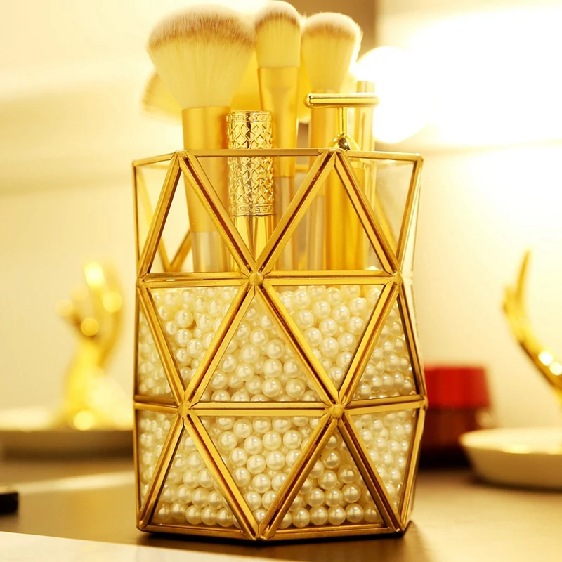 Glass Makeup Brush Holder Gold Three Angles Prismatic Glass Makeup Pearls Brush Storage Organizer Box