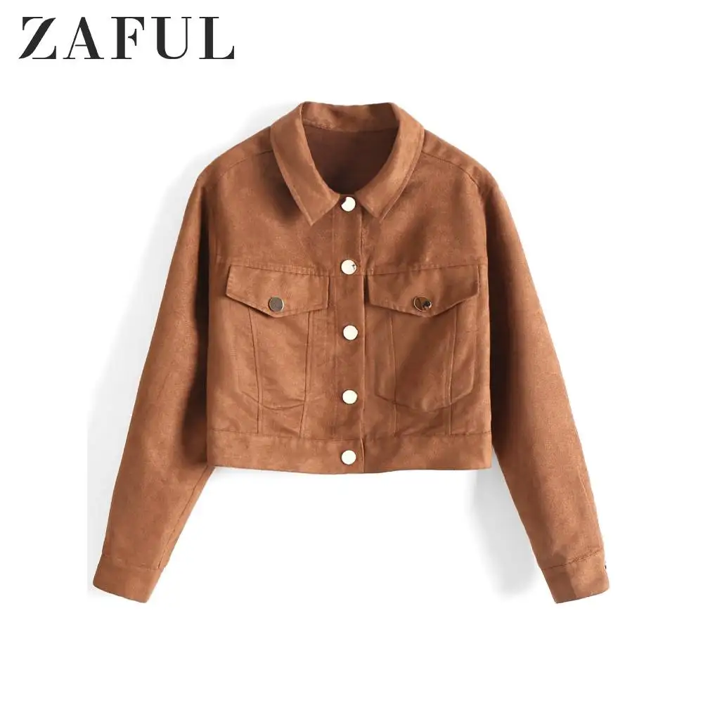 ZAFUL Куртки из искусственной замши с карманами на кнопках, женские короткие топы с укороченным воротником, крутые женские куртки с широкой талией, уличная одежда
