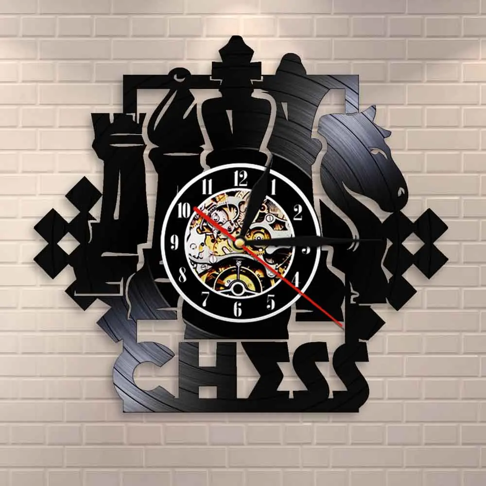Chess Game Wall Art Wall Clock Chessboard Black Pieces Strategy Player Club Chess Master Vinyl Record Clock Chess Lovers Gift