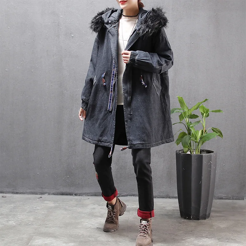 

2019 Winter New Style Thick Fur Collar Jeans Coat Women's Loose And Plus-sized Warm Cool Mid-length Cotton-padded Clothes Cotton