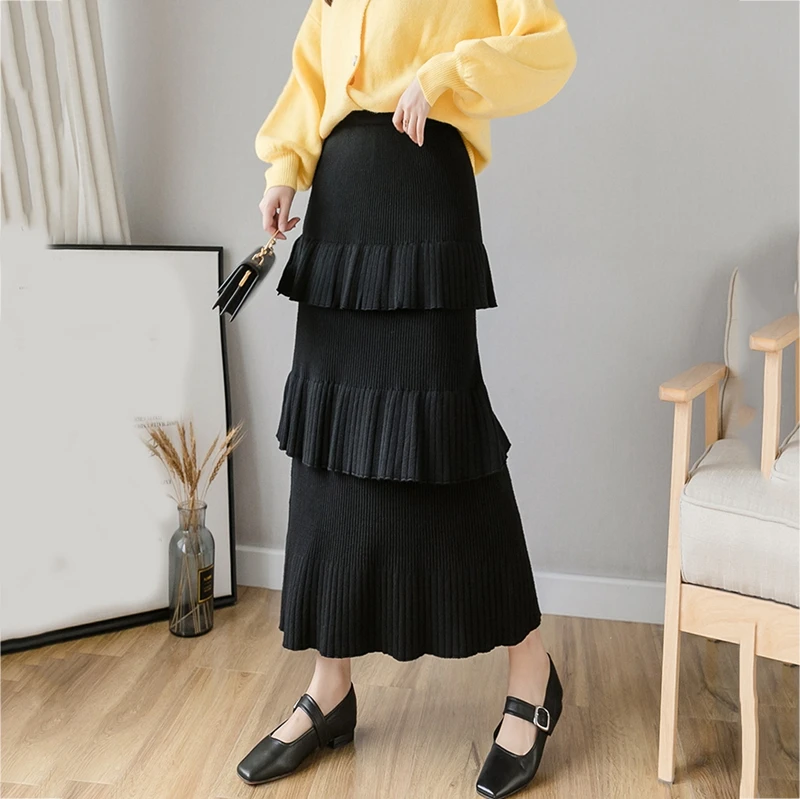 black women skirt RealShe длинная юбка в богемном стиле с высокой эластичной талией и оборками, однотонные макси юбки для женщин, весенние повседневные Элегантные длинные юбки для женщин - Цвет: black women skirt