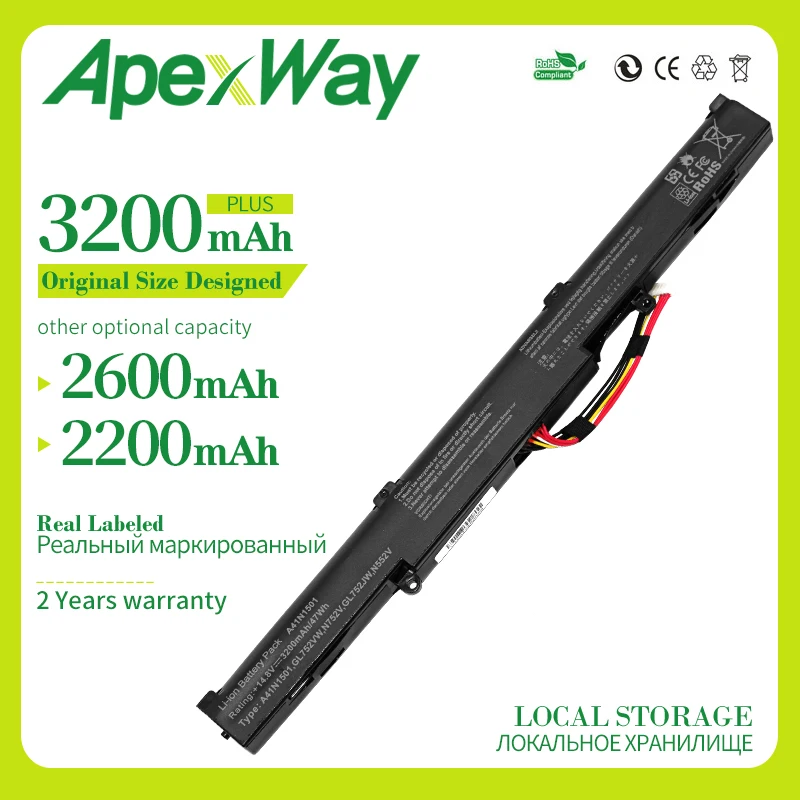 Аккумулятор для ноутбука Apexway 48Wh A41N1501 ASUS GL752JW GL752 GL752VL GL752VW N552 N552V N552VW N752 N752V N752VW |
