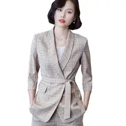 Женский костюм, брючный костюм, комплект из 2 предметов, офисные брюки, костюмы, женский пиджак в клетку цвета хаки + длинные брюки, костюм